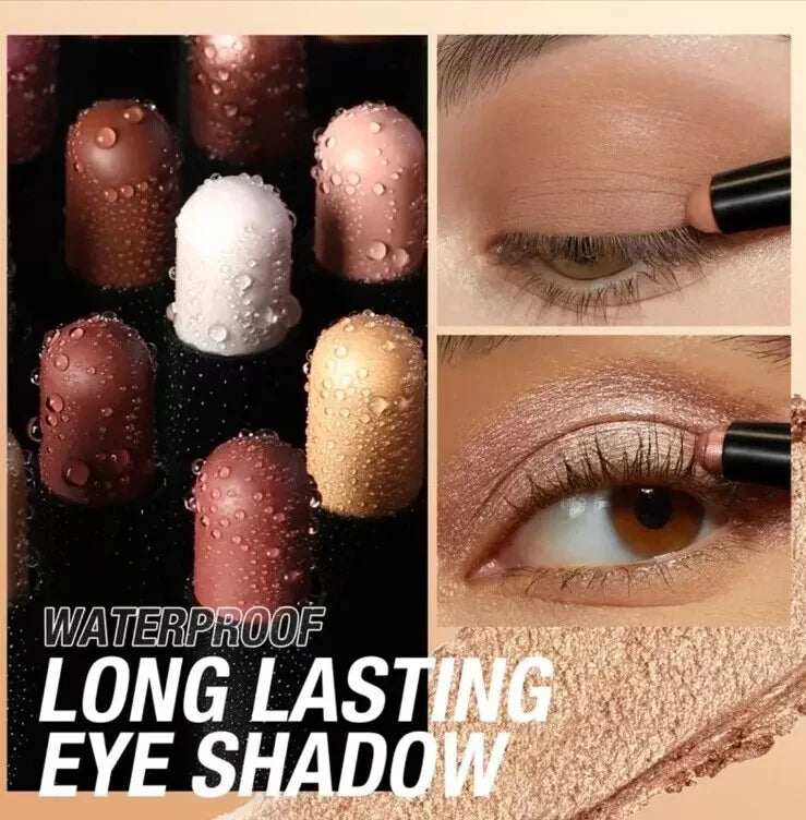Waterproof long-lasting eye shadow makeup set shown with several pressed shadow sticks in brown, pink, white, and gold shades, alongside close-up eye application examples and text reading 'WATERPROOF LONG LASTING EYE SHADOW'.
