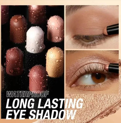 Waterproof long-lasting eye shadow makeup set shown with several pressed shadow sticks in brown, pink, white, and gold shades, alongside close-up eye application examples and text reading 'WATERPROOF LONG LASTING EYE SHADOW'.