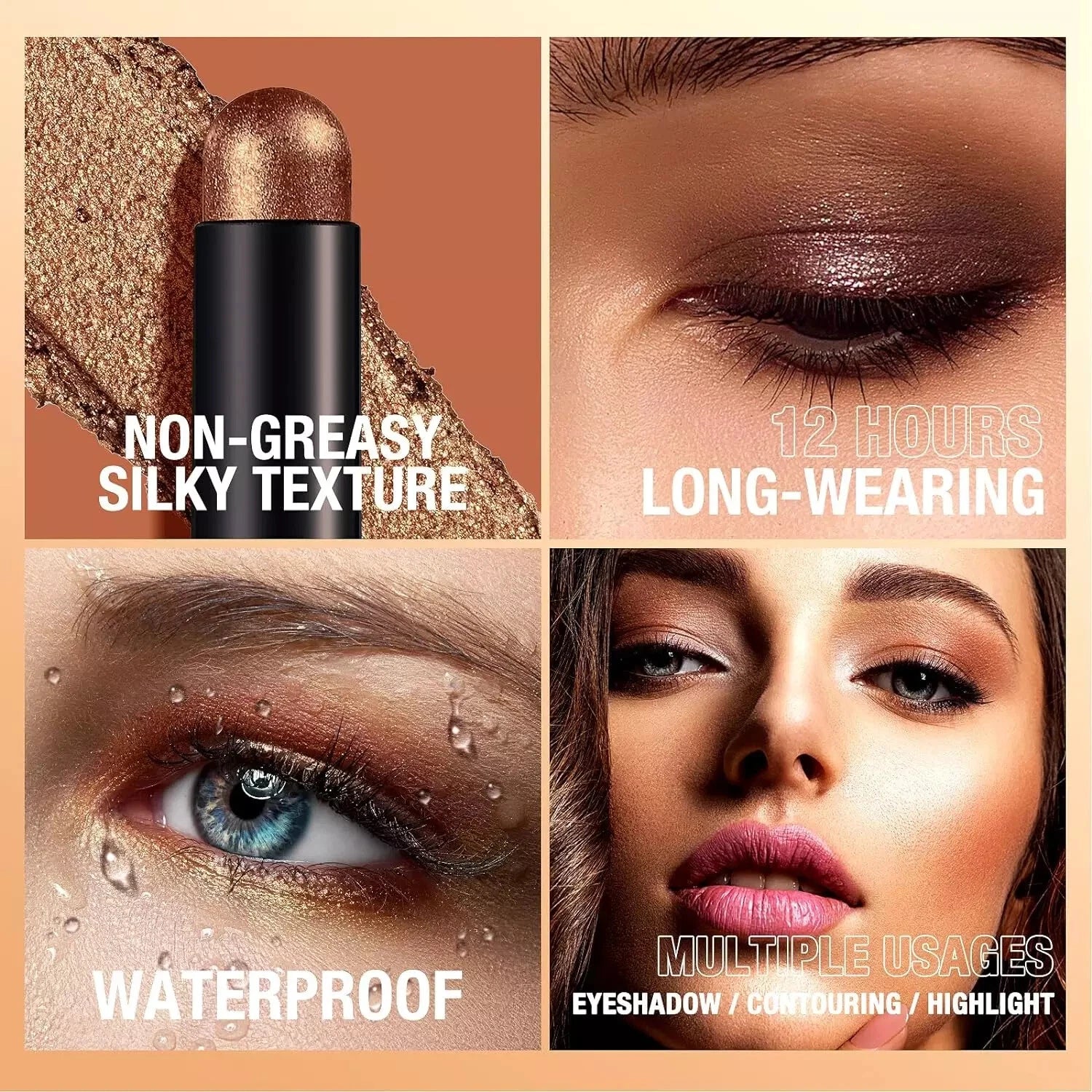 A 2x2 promotional collage for a shimmery eyeshadow stick. The top-left panel shows the metallic bronze eyeshadow tip against a textured tan background with the text 'NON-GREASY SILKY TEXTURE.