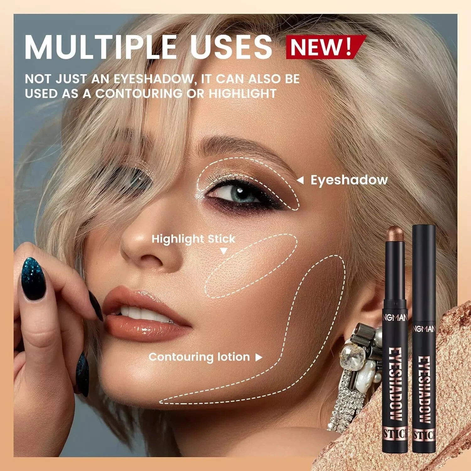 Makeup product with application examples on a model's face, featuring Lagardere branding.