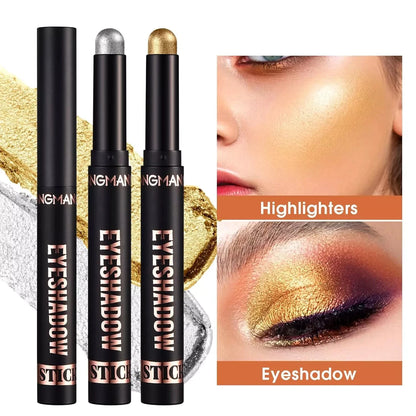 Three eyeshadow sticks with a close-up of a woman's eye wearing gold eyeshadow.