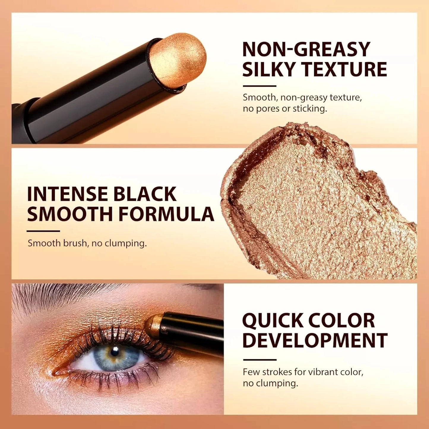 Makeup product with text highlighting non-greasy silky texture, intense black smooth formula, and quick color development.