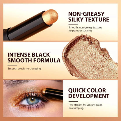 Makeup product with text highlighting non-greasy silky texture, intense black smooth formula, and quick color development.