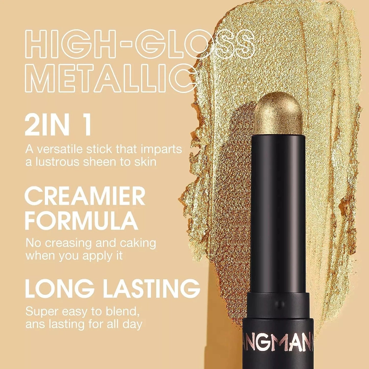 A black cosmetic stick with a metallic gold cap shown on a beige background with large promotional text and a gold glitter makeup smear behind it. Visible brand text on the stick reads NGMAN.