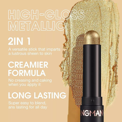A black cosmetic stick with a metallic gold cap shown on a beige background with large promotional text and a gold glitter makeup smear behind it. Visible brand text on the stick reads NGMAN.