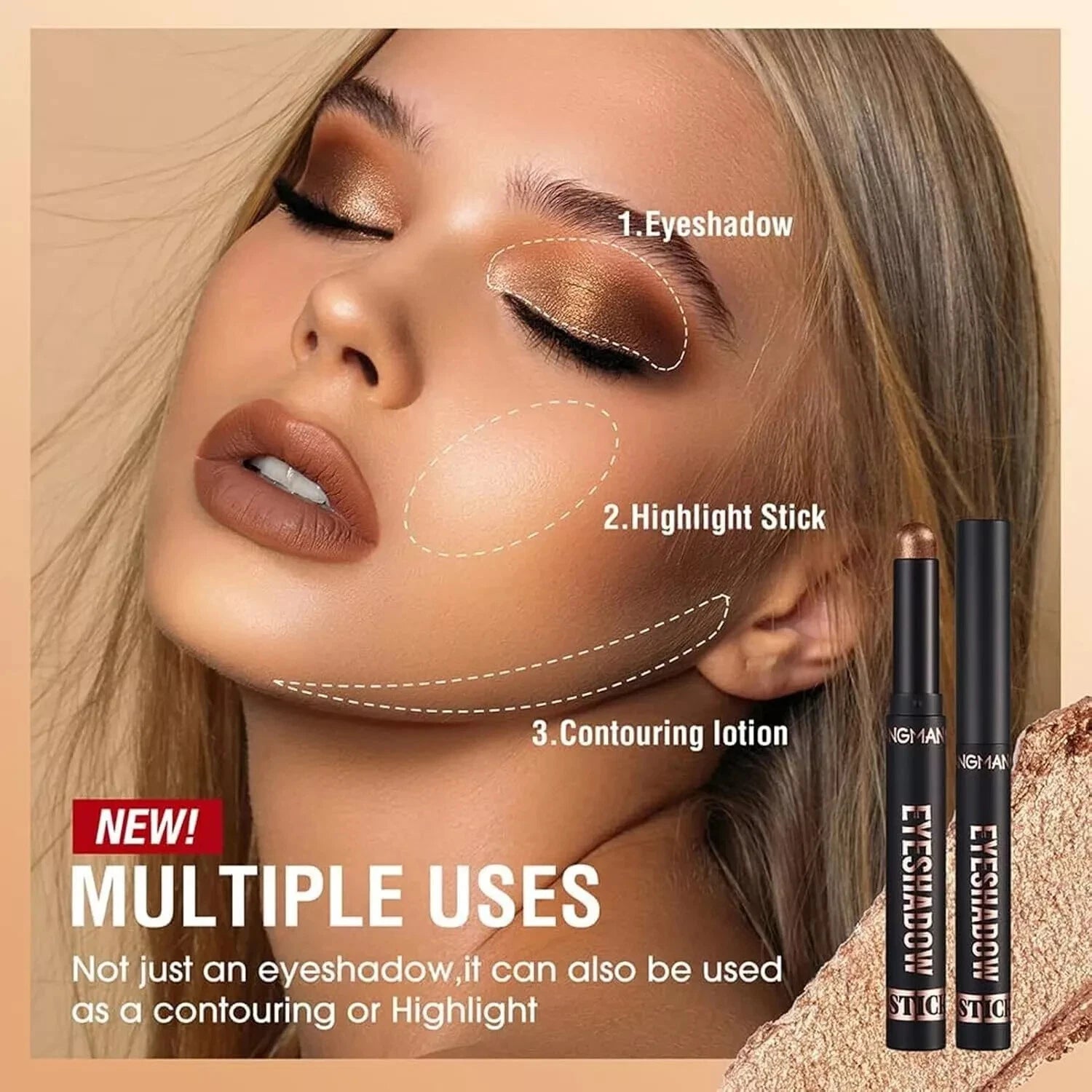 Advertisement for a makeup product with a woman's face and two products displayed.