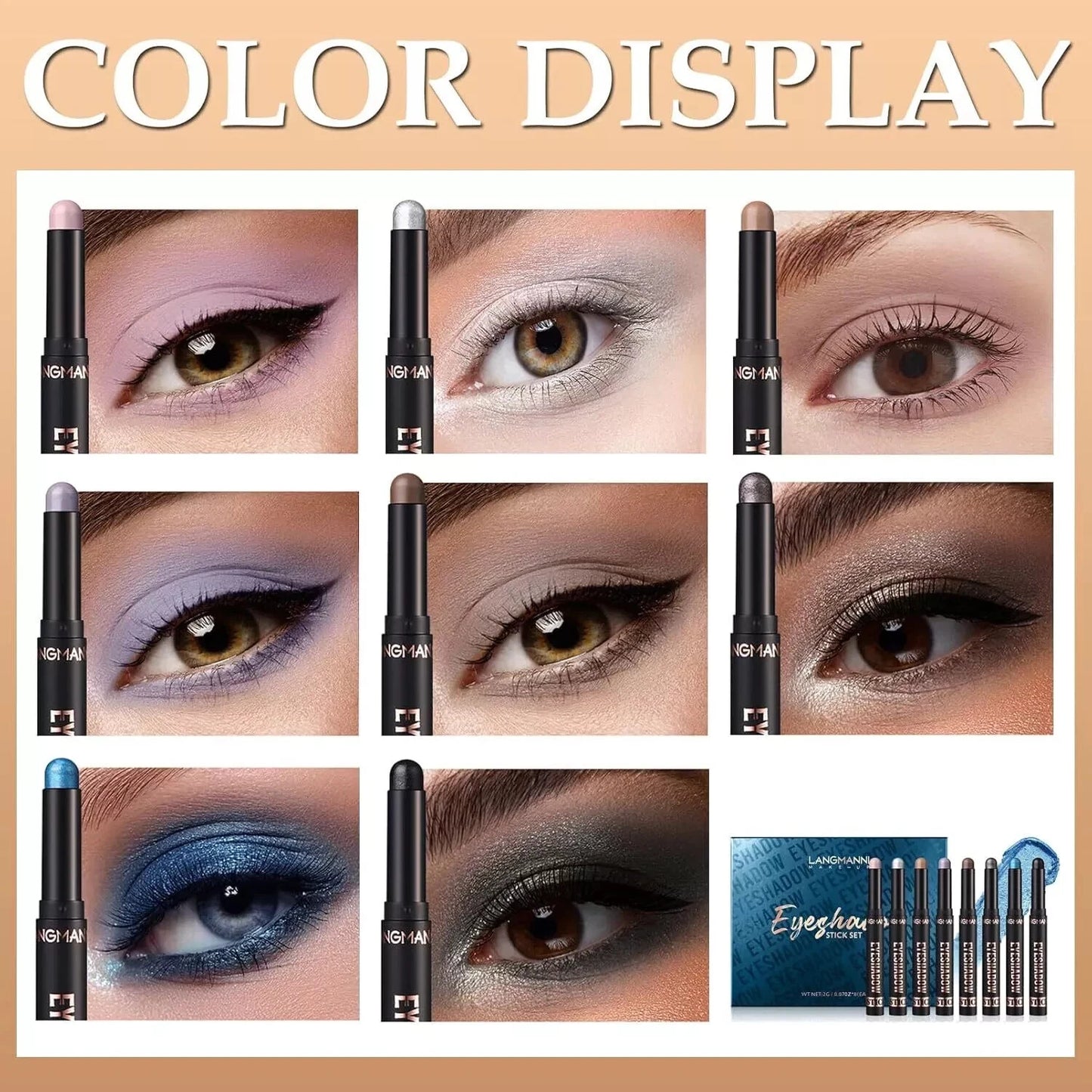 A color display collage for an eyeshadow stick set, showing multiple close-up eye makeup examples with different shades and a box of eight black eyeshadow pencils at the bottom right.