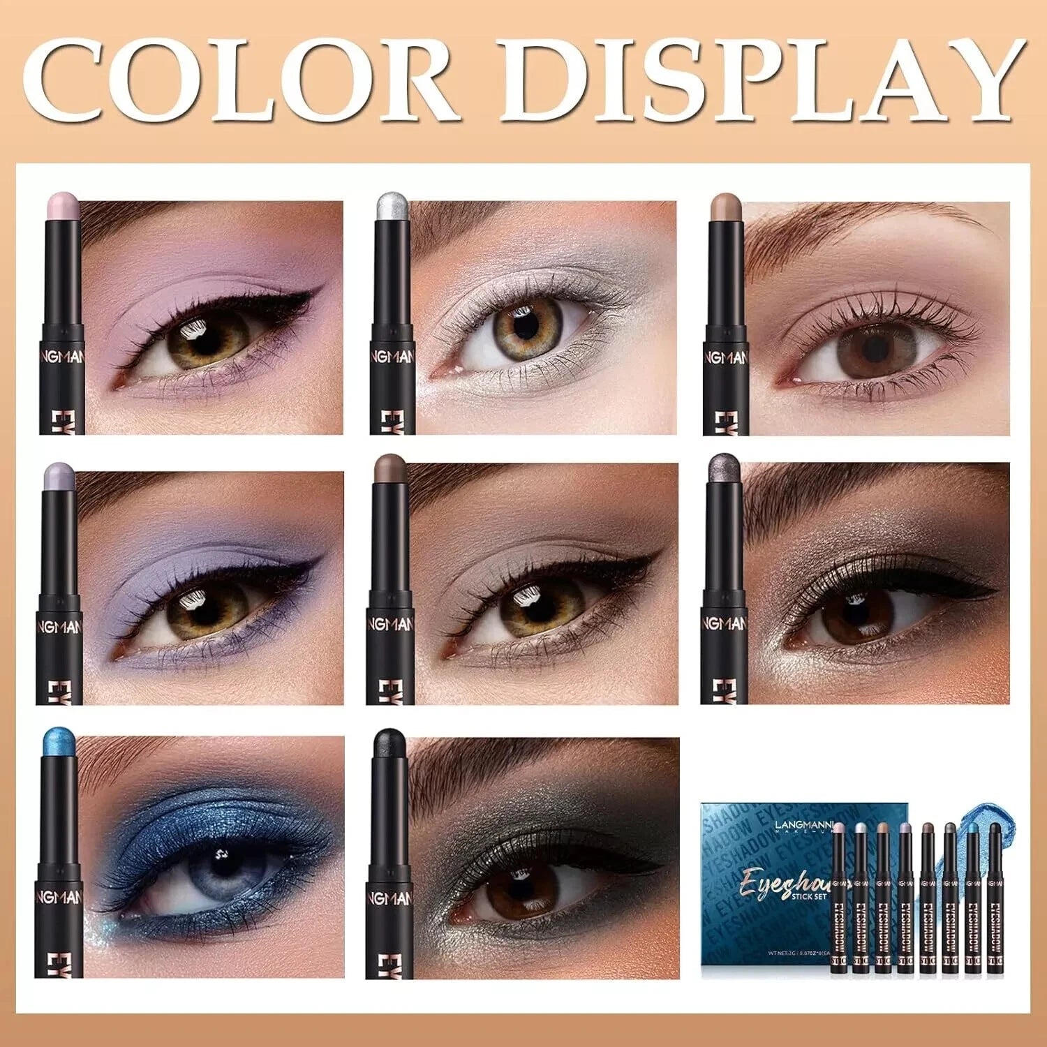 A color display collage for an eyeshadow stick set, showing multiple close-up eye makeup examples with different shades and a box of eight black eyeshadow pencils at the bottom right.