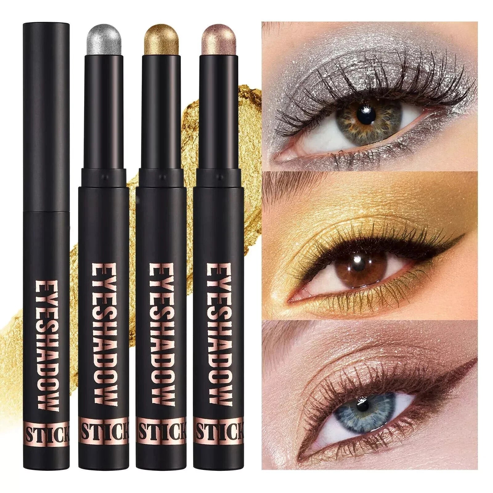 Four black eyeshadow sticks with rose gold and metallic caps are shown next to three close-up eye makeup result panels demonstrating silver, gold, and bronze eye shadow looks.