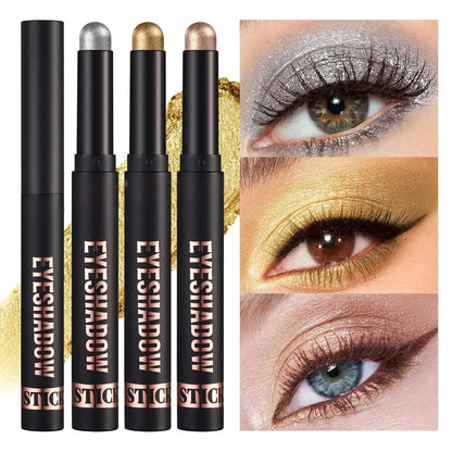 Four black eyeshadow sticks with rose gold and metallic caps are shown next to three close-up eye makeup result panels demonstrating silver, gold, and bronze eye shadow looks.
