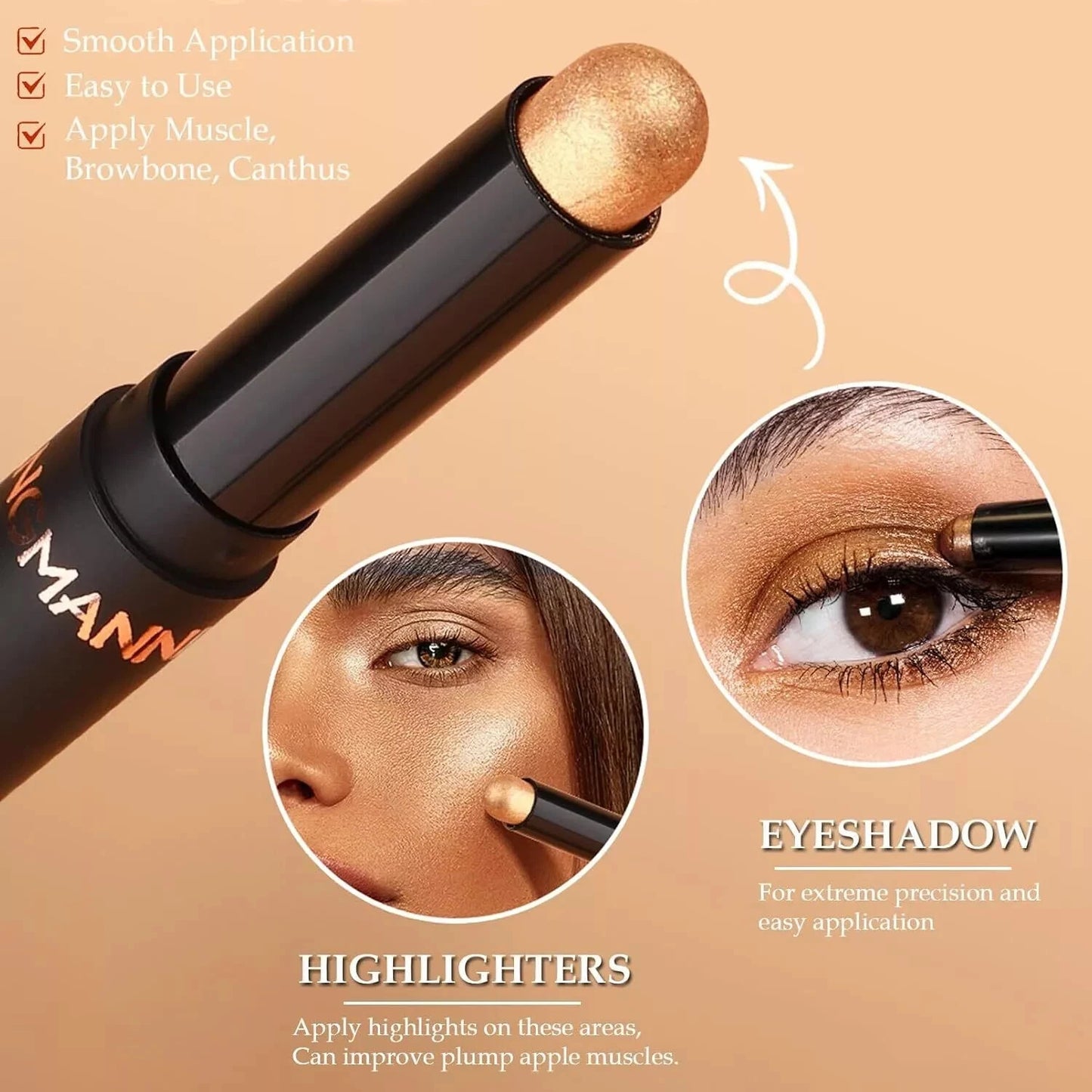 A black highlighter stick with a metallic gold tip is shown on a peach background with text and two circular inset photos demonstrating eye and cheek application. The visible text includes 'HIGHLIGHTERS', 'EYESHADOW', and product feature bullets.