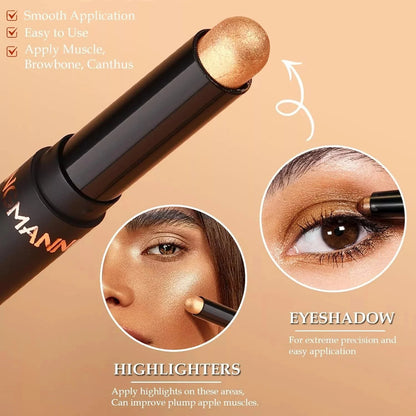 A black highlighter stick with a metallic gold tip is shown on a peach background with text and two circular inset photos demonstrating eye and cheek application. The visible text includes 'HIGHLIGHTERS', 'EYESHADOW', and product feature bullets.