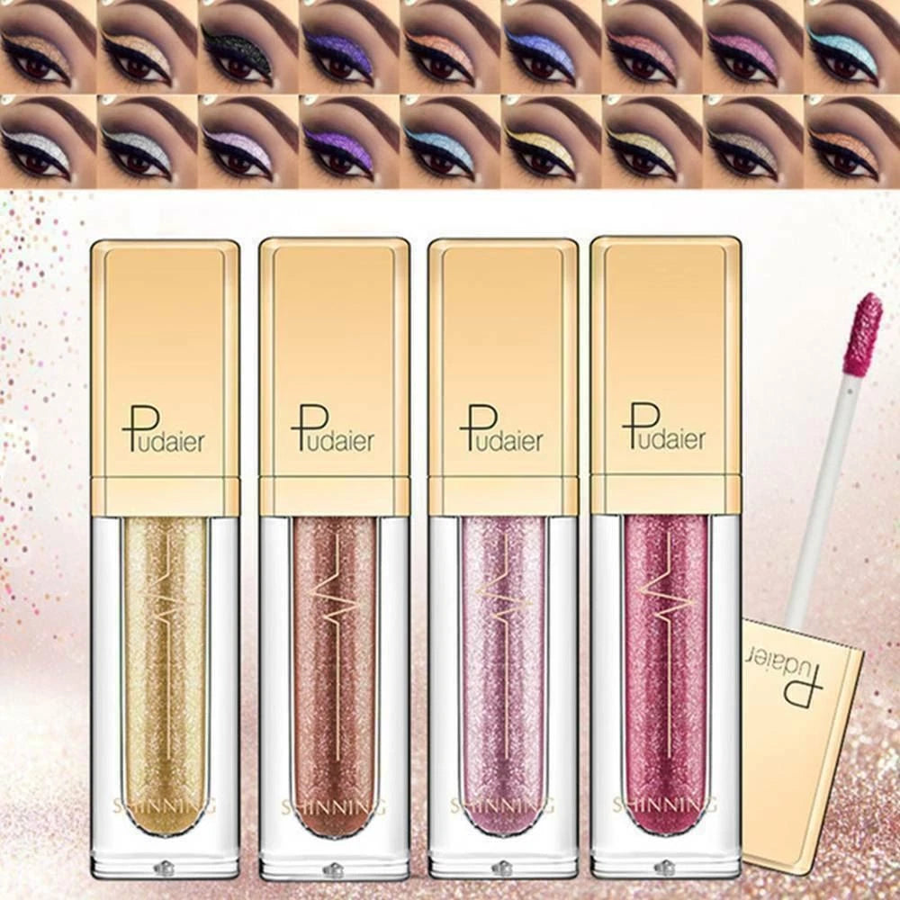 Four tubes of Pudaier liquid eyeshadow in shimmering gold, bronze, pink, and mauve shades, shown with a matching applicator wand and a grid of eye makeup swatches above.