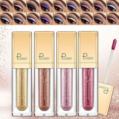 Four tubes of Pudaier liquid eyeshadow in shimmering gold, bronze, pink, and mauve shades, shown with a matching applicator wand and a grid of eye makeup swatches above.