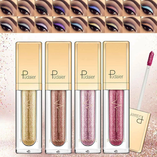 Four tubes of Pudaier liquid eyeshadow in shimmering gold, bronze, pink, and mauve shades, shown with a matching applicator wand and a grid of eye makeup swatches above.