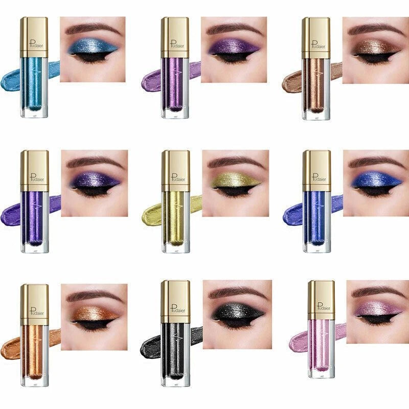 A 12-item grid showing liquid eyeshadow lip glosses from PDA Beauty, each with a gold cap, clear tube, product smear, and a model's eye showing the applied color.