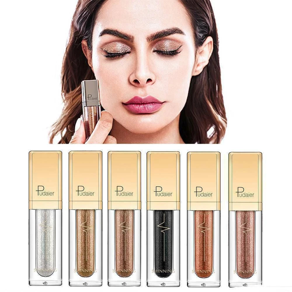 Six tubes of Pudaier liquid eyeshadow in various metallic shades are shown below a model with shimmering eye makeup. The eyeshadows include silver, champagne gold, bronze, black, copper, and rose gold.