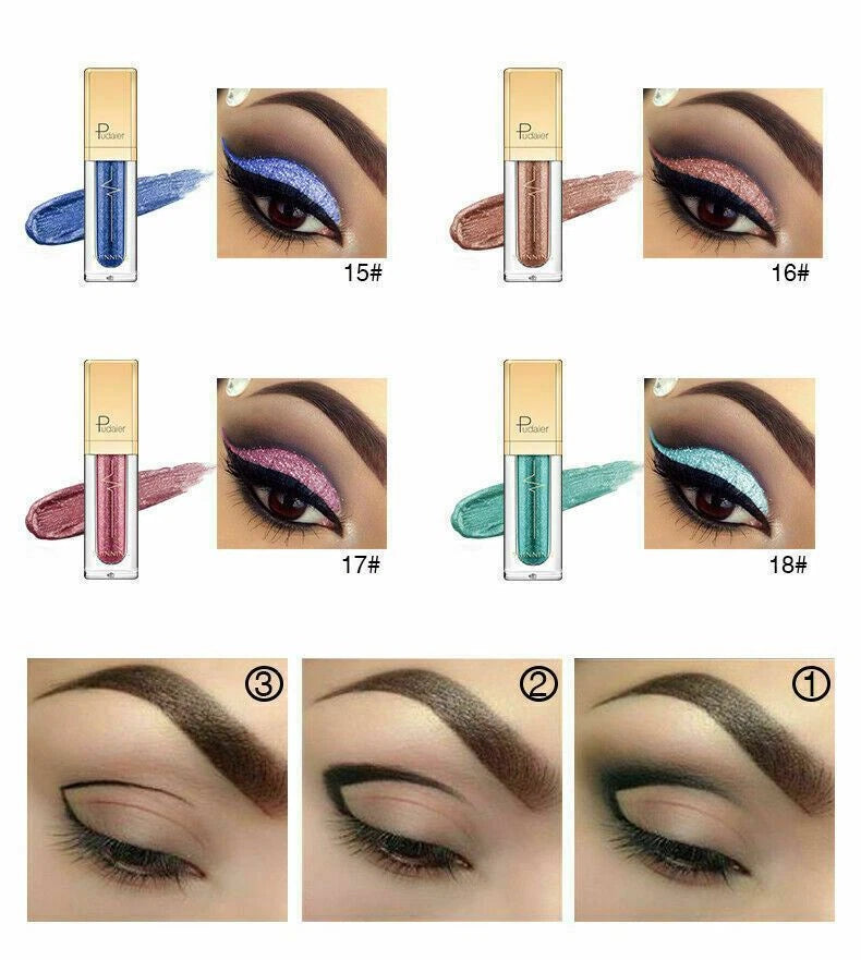 Six eyeshadow liquid stick products shown with their corresponding eye makeup swatches and numbered application steps below. The shades include blue, bronze, mauve-pink, and mint green, labeled as 15#, 16#, 17#, and 18#.