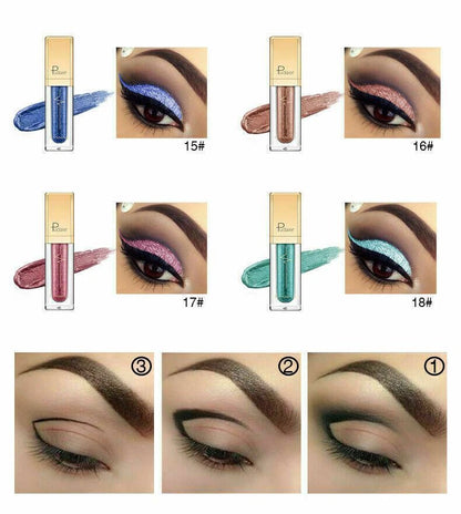 Six eyeshadow liquid stick products shown with their corresponding eye makeup swatches and numbered application steps below. The shades include blue, bronze, mauve-pink, and mint green, labeled as 15#, 16#, 17#, and 18#.