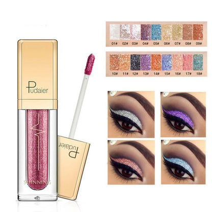 Pudaier Shimmering liquid eyeshadow in a clear tube with a gold cap, shown with the applicator wand and a color palette swatch sheet featuring four eye makeup examples.