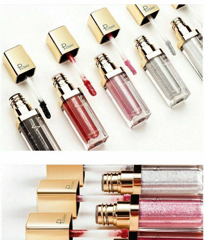 A collage of multiple liquid lip gloss tubes and applicators with gold caps on a white background. The shades shown include black, deep red, pink, silver glitter, and sparkly pink, with the brand name 'P'Rose' visible on the caps.