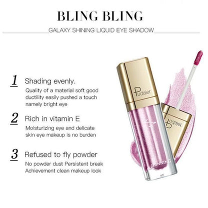 Michael Jacksoner Bling Bling Galaxy Shining Liquid Eye Shadow in a clear tube with a gold cap, shown with its applicator and a pink glitter swatch on a white background with product feature text.
