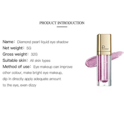 Product information card for Diamond Pearl Liquid Eye Shadow, showing the product bottle with a gold cap and a pink-purple eyeshadow swatch on a white background with text details.