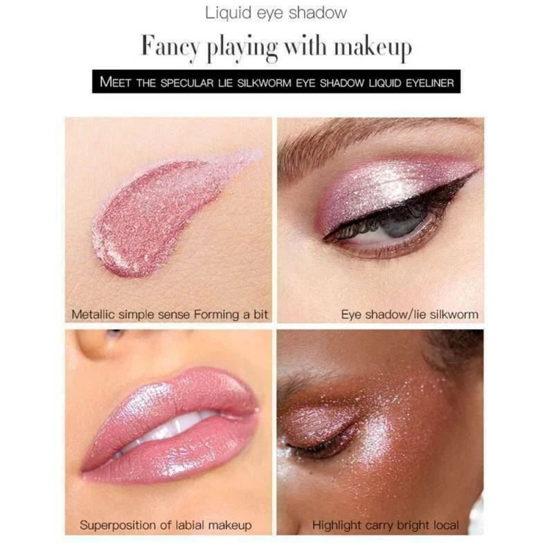 A makeup demonstration graphic for liquid eye shadow in a shimmery rose gold color. The image features four panels: a texture swatch on skin, the shadow applied to an eye, a lip application, and a face highlight showing the shimmer.