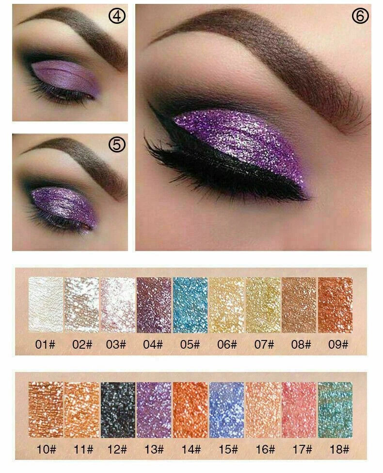 A collage showing close-up eye makeup examples with glittery purple eyeshadow, plus a row of glitter color swatches labeled 01# through 18# below.