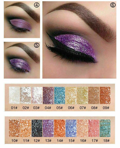 A collage showing close-up eye makeup examples with glittery purple eyeshadow, plus a row of glitter color swatches labeled 01# through 18# below.