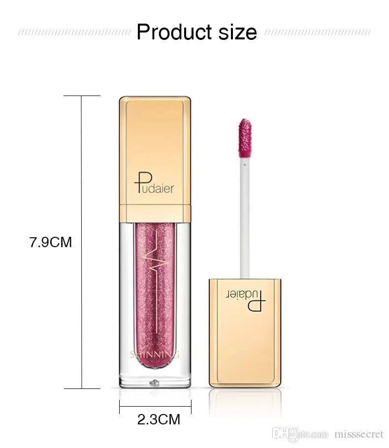 Lip gloss tube and applicator with dimension labels showing product size: 7.9 cm height and 2.