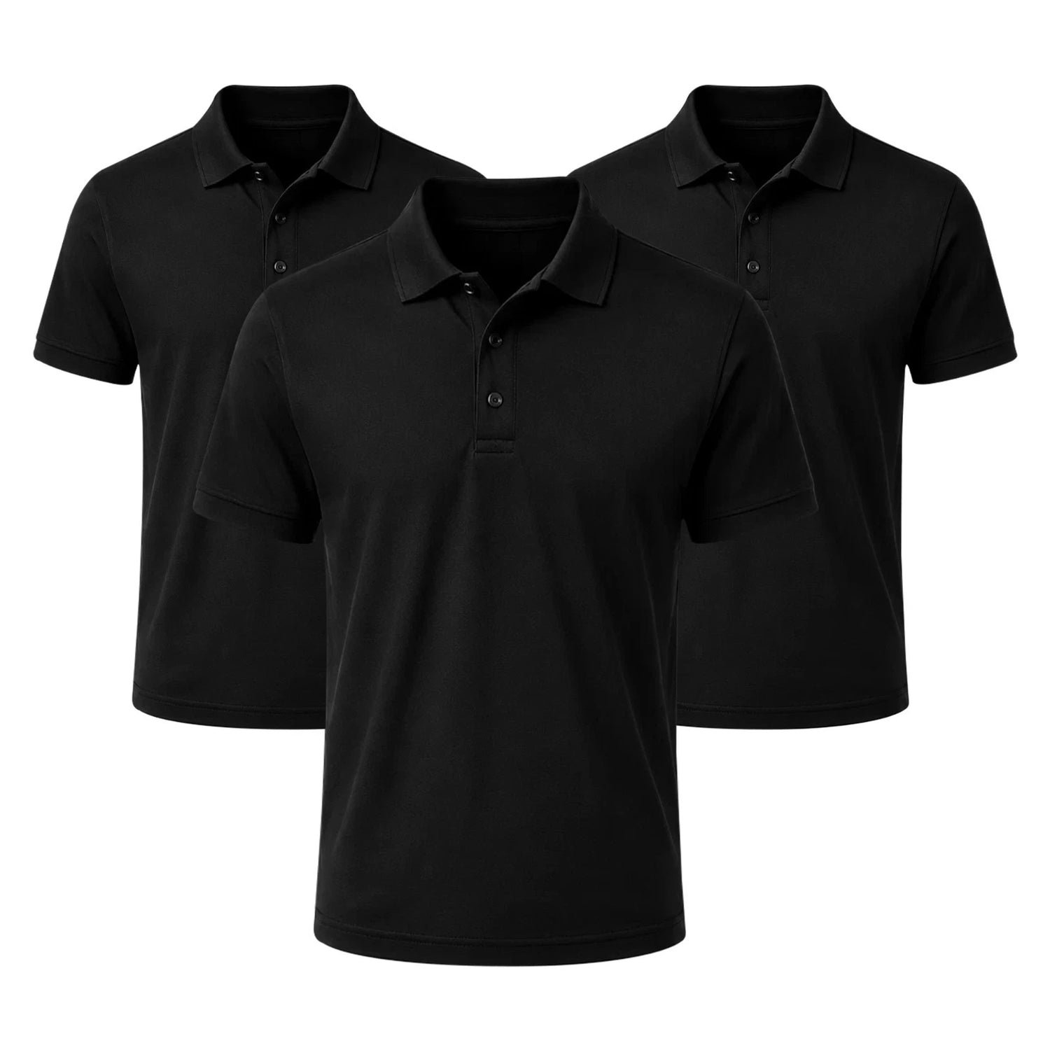 Three black mens pique polo shirts folded and displayed together