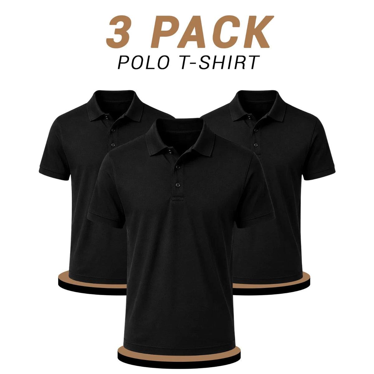 Three black short-sleeve polo shirts arranged in a 3-pack display on a white background, with '3 PACK POLO T-SHIRT' text at the top.