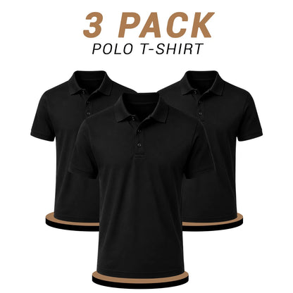 Three black short-sleeve polo shirts arranged in a 3-pack display on a white background, with '3 PACK POLO T-SHIRT' text at the top.
