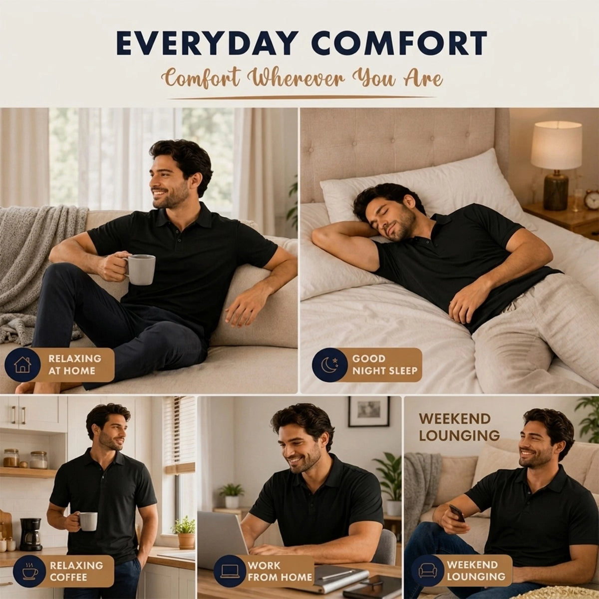 A promotional collage with the headline 'EVERYDAY COMFORT' and 'Comfort Wherever You Are' showing a man in a black polo shirt in four lifestyle scenes: relaxing at home, good night sleep, relaxing coffee, and weekend lounging. Each panel includes a small icon and text label.