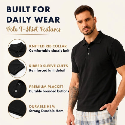 A man wearing a black polo shirt stands against a light beige background with marketing text and feature callouts about the shirt's ribbed collar, ribbed sleeve cuffs, premium placket, and durable hem.