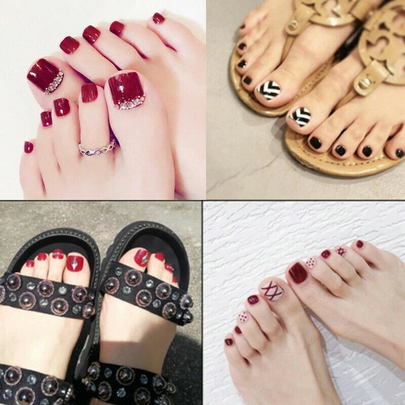 A four-panel collage showing manicured feet and sandals. Top-left: hands with glossy deep red nail polish and rhinestone accents.