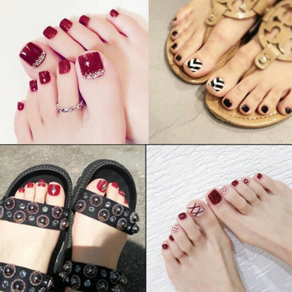 A four-panel collage showing manicured feet and sandals. Top-left: hands with glossy deep red nail polish and rhinestone accents.