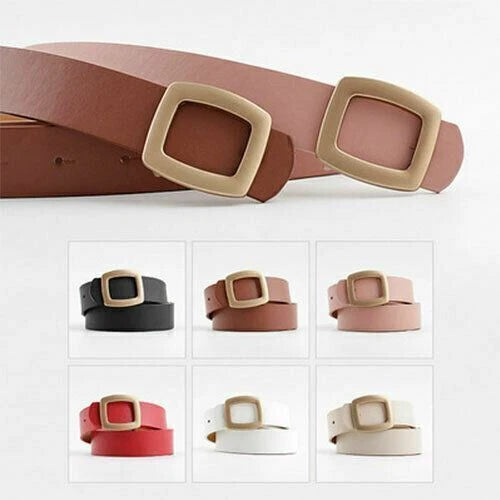 A fashion belt with a square-shaped gold-tone metal buckle, shown in a brown color on a white background, with six smaller color options displayed below in a grid.