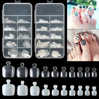 A set of clear plastic compartment organizer boxes containing assorted press-on toe nail tips, shown alongside rows of individual toe nail shapes in different sizes on a black background, with inset photos of feet displaying decorated toenails.