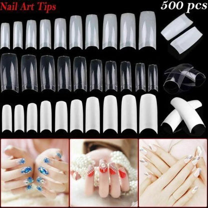A set of 500 press-on nail tips and artificial nail accessories displayed on a black background, with three inset photos at the bottom showing hands wearing decorated nails.