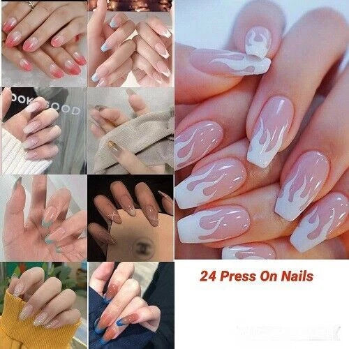 A collage of hands displaying different press-on nail designs, including a large close-up of almond-shaped nails with a white flame pattern over a sheer pink base, alongside other manicure styles. Text on the image reads '24 Press On Nails'.