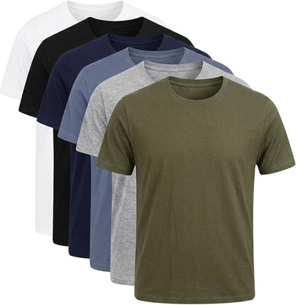 Six short-sleeve crewneck t-shirts in different colors (white, black, navy, blue, gray, and olive green) arranged in a diagonal stack on a plain white background.