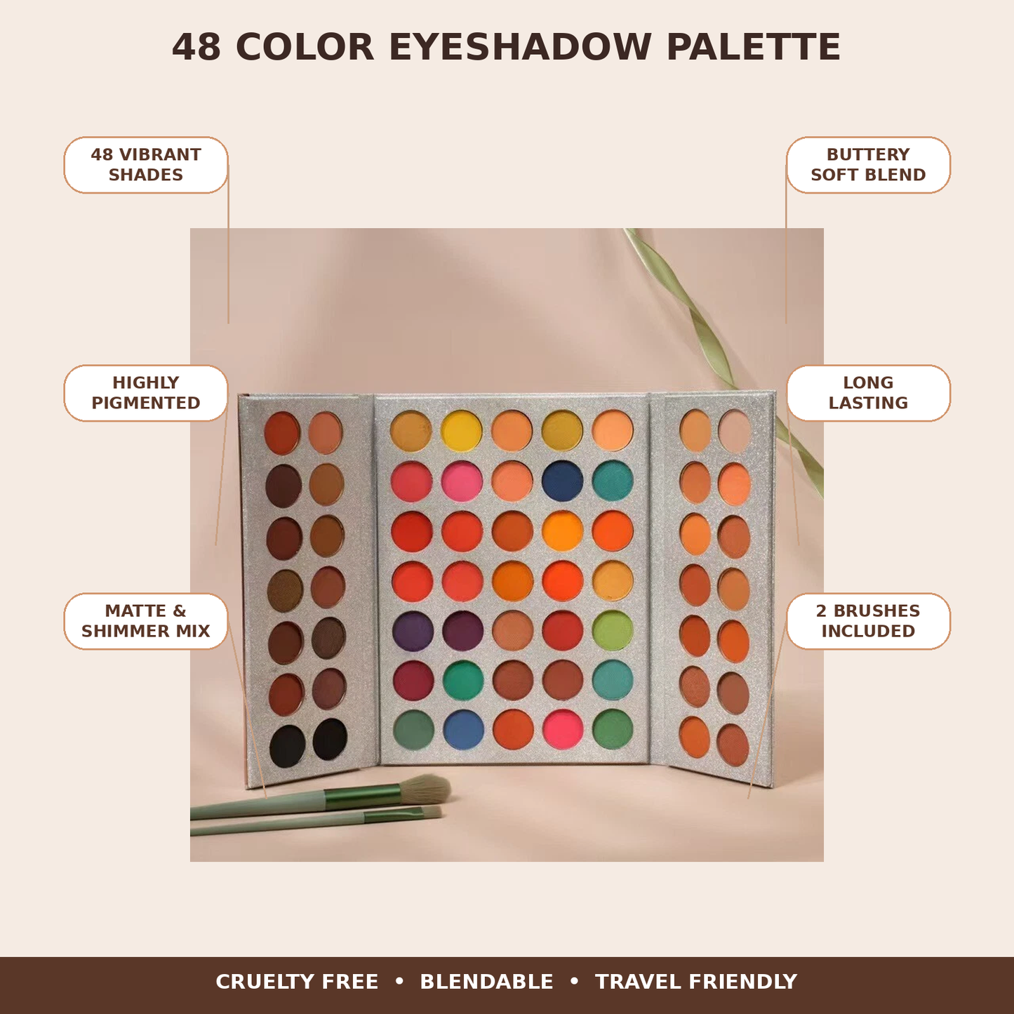 A 48-color eyeshadow palette shown open with multiple circular shades in warm and cool tones, surrounded by marketing callouts such as '48 Color Eyeshadow Palette,' '48 Vibrant Shades,' 'Buttery Soft Blend,' 'Long Lasting,' 'Matte & Shimmer Mix,' and '2 Brushes Included.'.