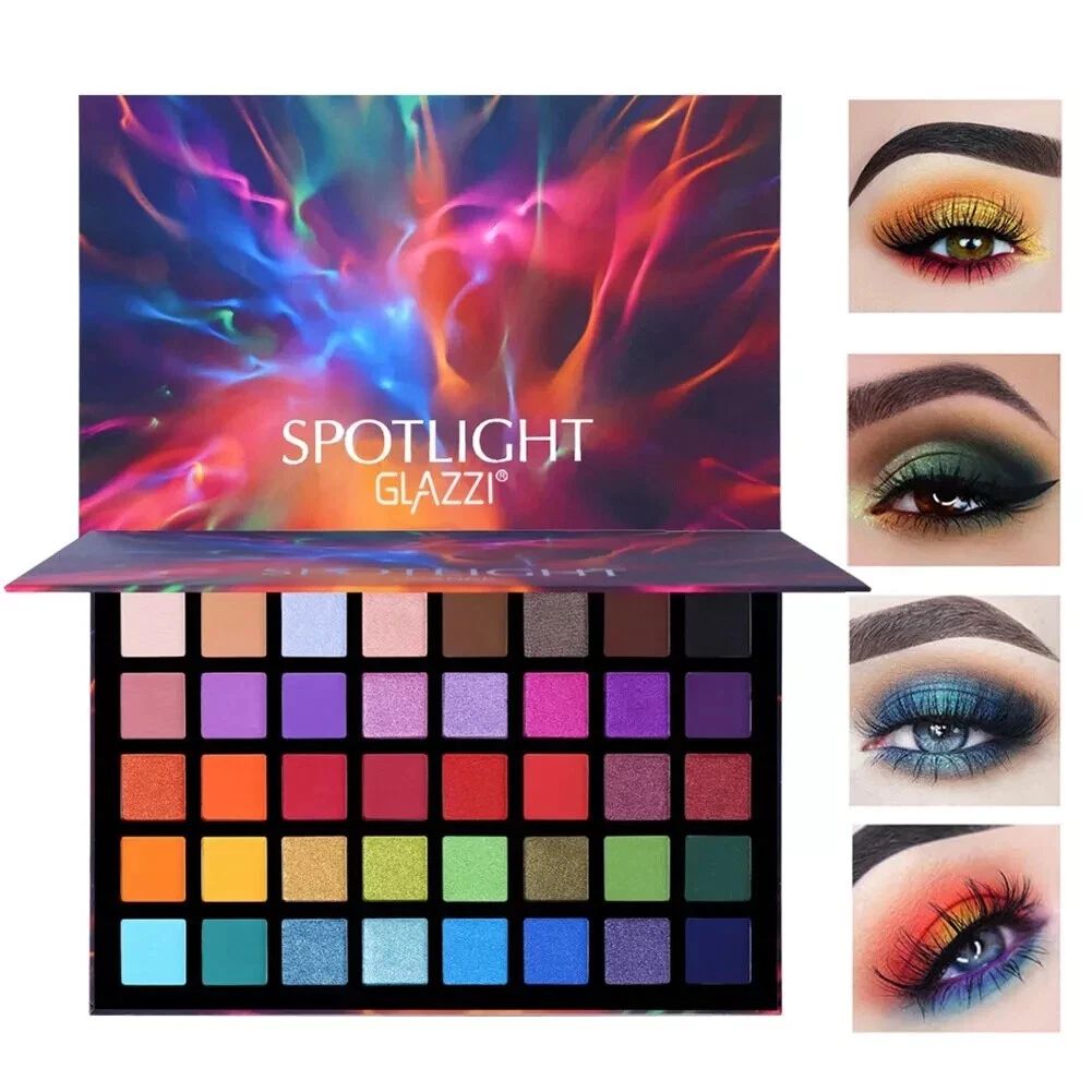 Makeup palette with colorful shades and 'Spotlight Glazzi' branding, surrounded by eye makeup examples.