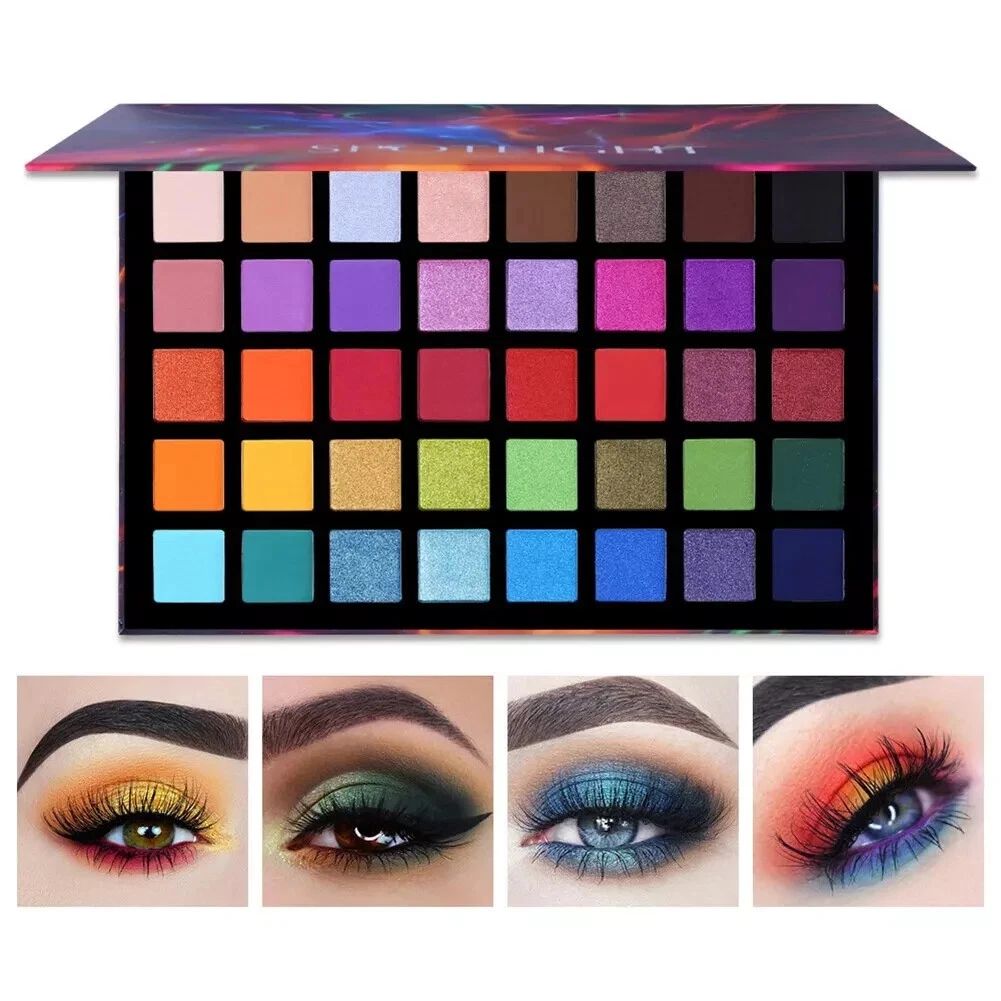 Makeup palette with color swatches and eye makeup looks on a white background